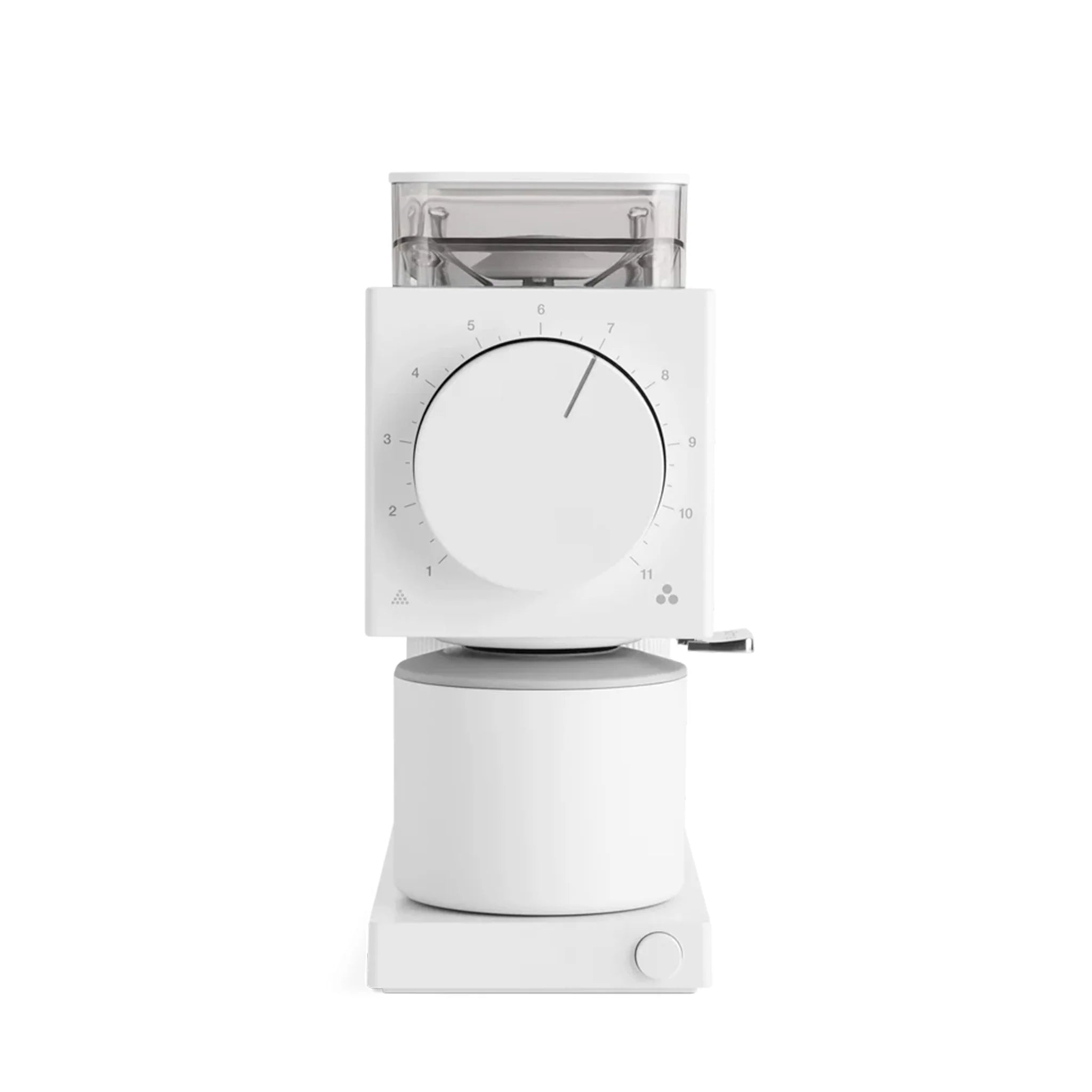 Moinho de café elétrico branco com grau de moagem ajustável para preparação precisa, parte do EspressoGear, tudo sobre café.