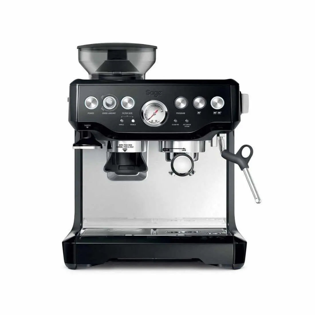 Máquina de Espresso Sage Barista Express preta, vista de frente sobre fundo branco.