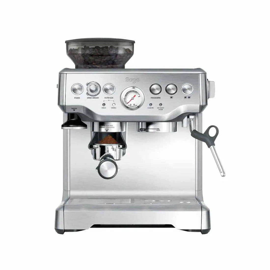 Sage Barista Express máquina de Espresso em aço inoxidável com moinho integrado, vista frontal.