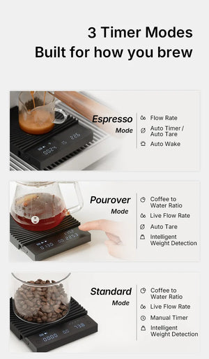 Balança para café preta com vários modos de temporizador e precisão para espresso e preparação, acessórios para barista, tudo sobre café.