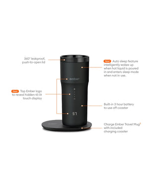 Caneca de Viagem Elétrica para Café preta V2 - 355ml com ecrã tátil e base de carregamento preta, design elegante.