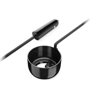 Carregador de carro para caneca elétrica Ember em preto com cabo e adaptador para carregamento rápido e seguro.