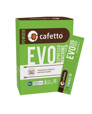 Pacote verde com pó de limpeza para máquina de café expresso profissional, parte de produtos de limpeza e acessórios de manutenção.